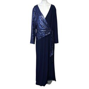 Lauren Ralph Lauren Womens Long Sleeve Sequin, Jersey Maxi Dress, Blue, Drape,14
